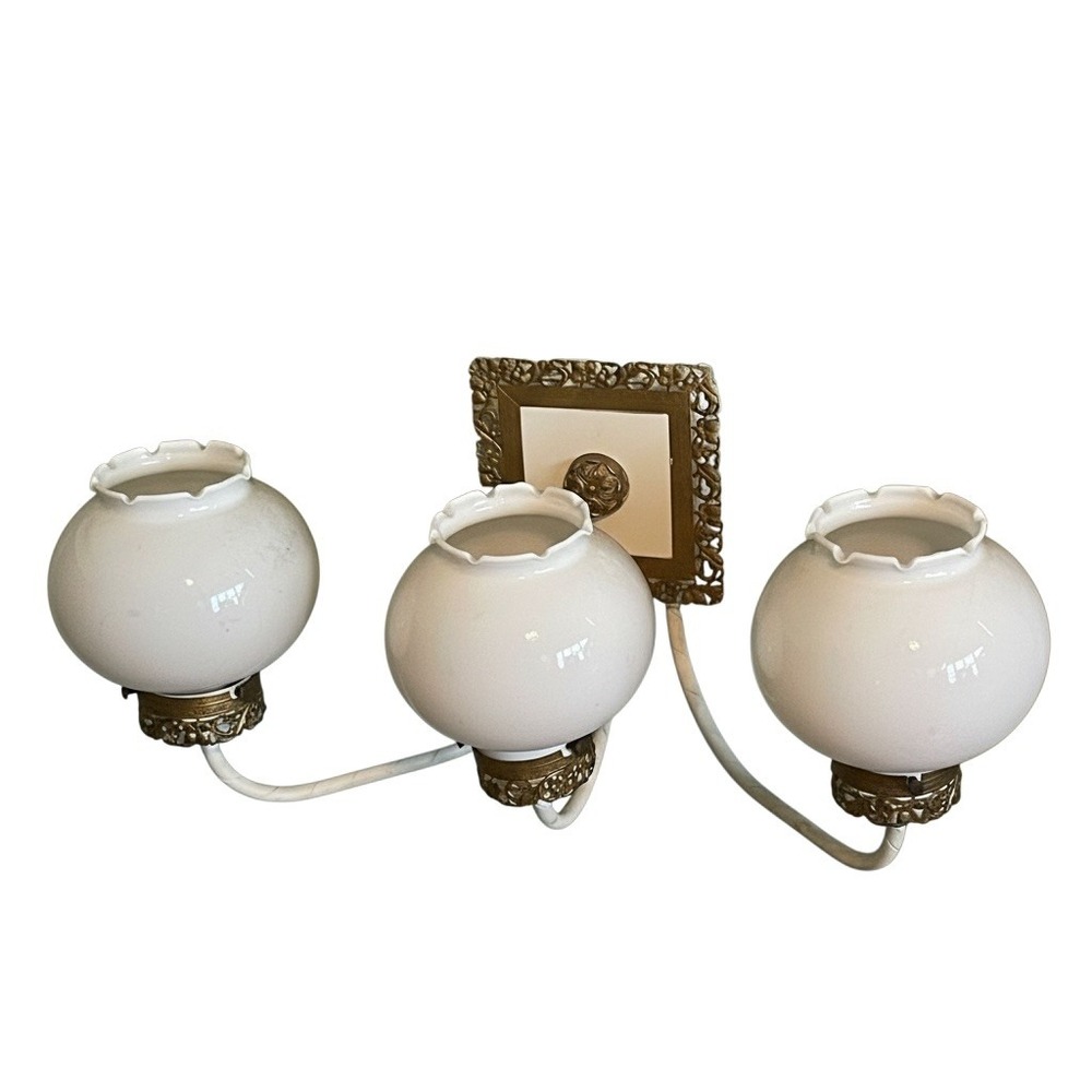 Vintage Hollywood Regency 3 Light Milk Glass Globe Vanity Sconce Gold Filigree